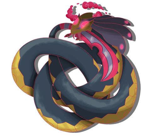 a large snake like creature with red eyes and tail curled around it's head