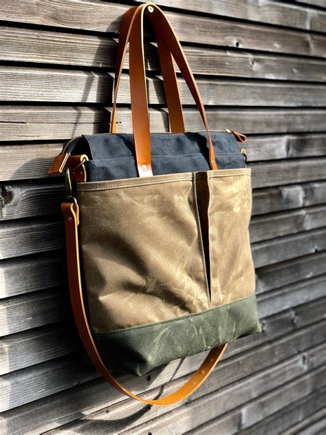 Waxed canvas tote bag / office bag with leather handles and shoulder ...