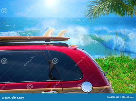 Red Woody Car with Surfboard at Beach W Big Waves Stock Photo - Image of coast, automobile: 44378412