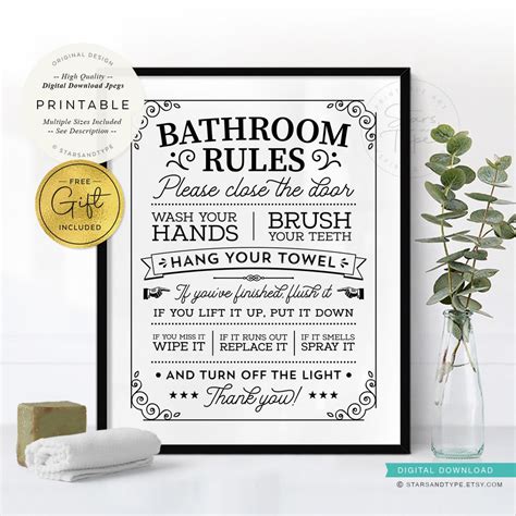 Bathroom Rules, PRINTABLE Wall Art, Fun Toilet Sign Vintage Retro Decor, Digital DOWNLOAD Print ...