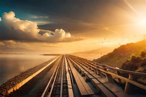 Premium AI Image | train tracks in the sunset