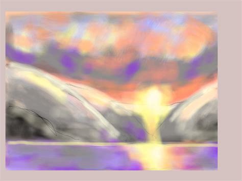 an abstract painting of mountains and water with the sun setting in the sky behind them