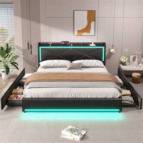 King Size LED Bed Frame with Shelf, Storage, USB-C Charge, Faux Leather, Wooden Slats, Black ...