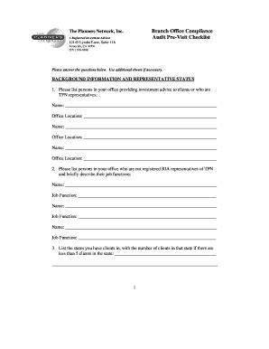 Branch Office Compliance Audit Pre-Visit Checklist - The Planners Bb - Fill and Sign Printable ...