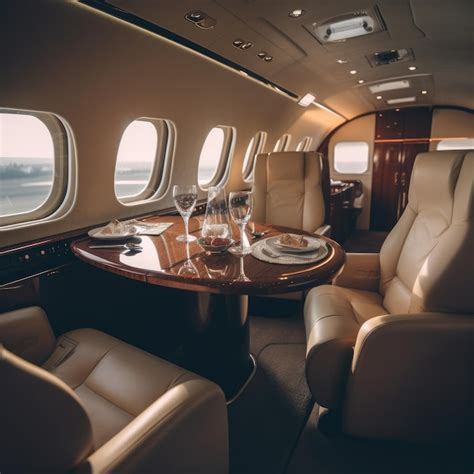 Premium AI Image | Private plane interior with wooden tables and ...