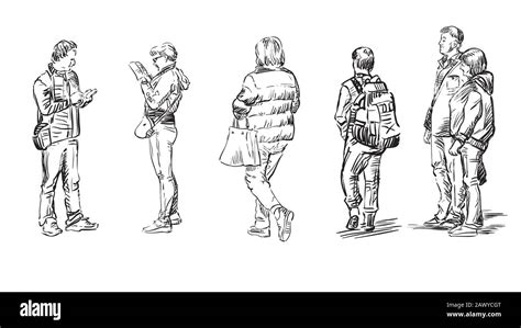 Vector set of sketch hand drawing standing and walking people in black ...