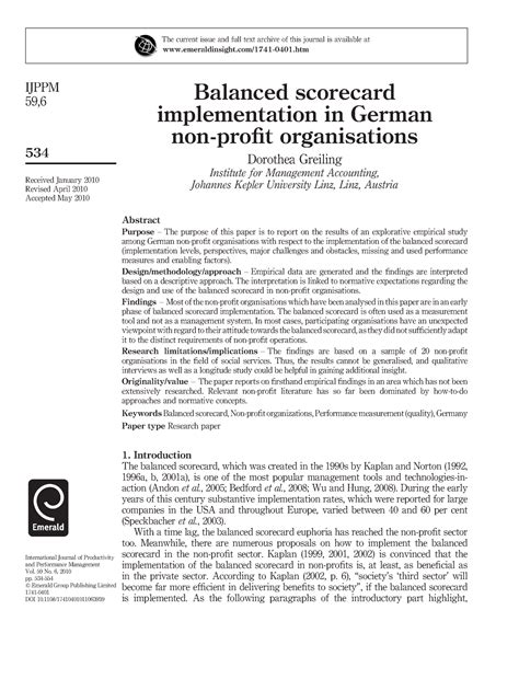 Balanced scorecard implementation in German nonprofit organisations ...