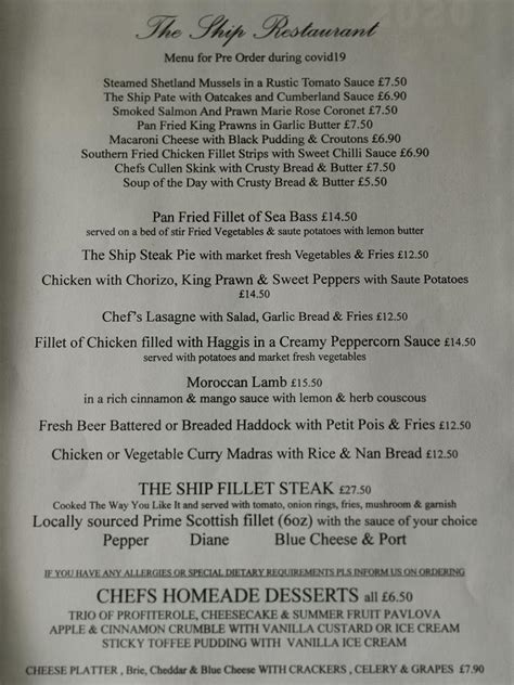 Menu at The Ship Restaurant, Burntisland