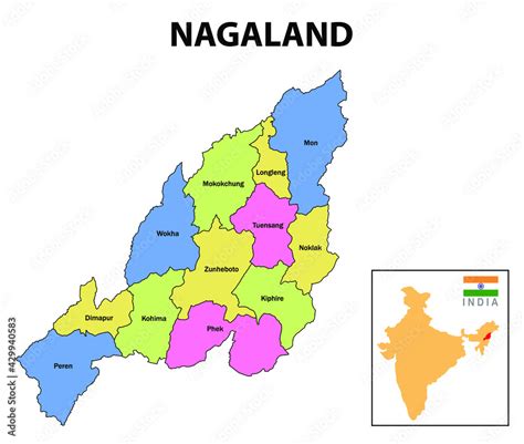 Nagaland map. District map of Nagaland. Nagaland map with district and capital. Colour full ...