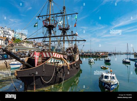 Brixham Devon England July 06, 2018 Replica of Sir Francis Drake's ship ...