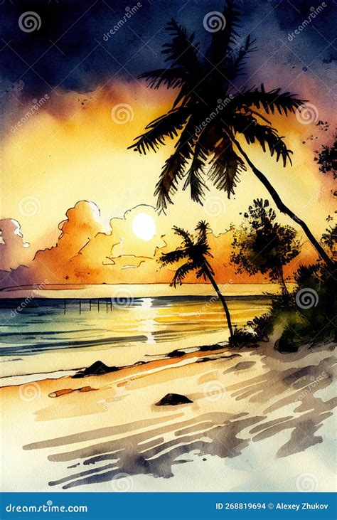 Sunset in Paradise. Watercolor Painting. Stock Illustration - Illustration of wallpaper, tree ...