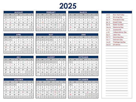 2025 Excel Yearly Calendar - Free Printable Templates