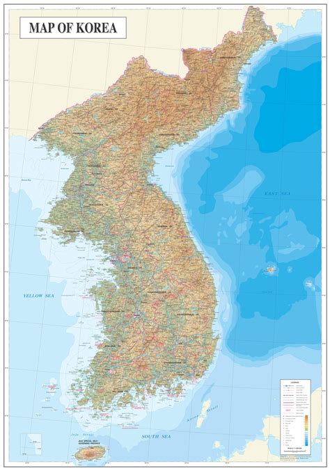 Large detailed physical map of North and South Korea. North and South ...