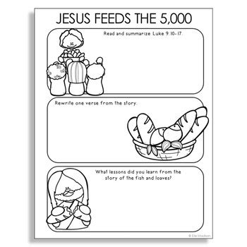 JESUS FEEDS THE 5,000 Bible Story Activity | New Testament Worksheet Lesson