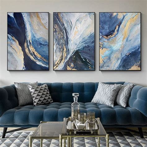 Gold art 3 pieces Wall Art Abstract acrylic paintings on canvas ocean ...