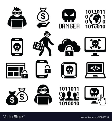 Hacker cyber attack crime icons set Royalty Free Vector