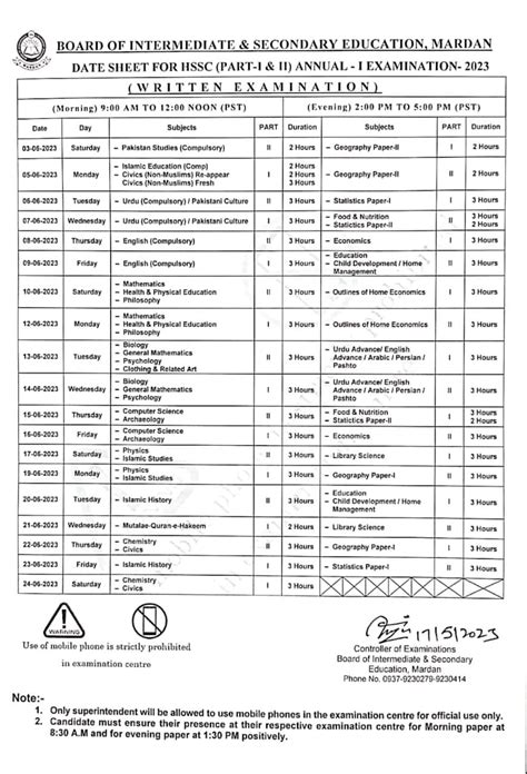 Bise Mardan Date Sheet FA FSC ICS 2024 Part 1-2 Annual Exam