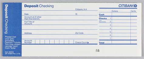 Citibank deposit form in three vertical registers with blue ink on white paper…