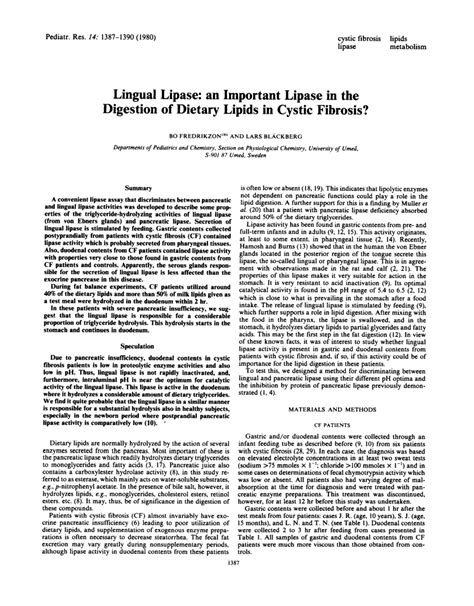 (PDF) Lingual Lipase. an Important Lipase in the Digestion of Dietary Lipids in Cystic Fibrosis?