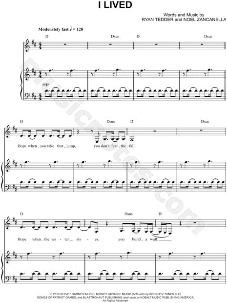 OneRepublic "I Lived" Sheet Music in D Major (transposable) - Download & Print - SKU: MN0129910_D7