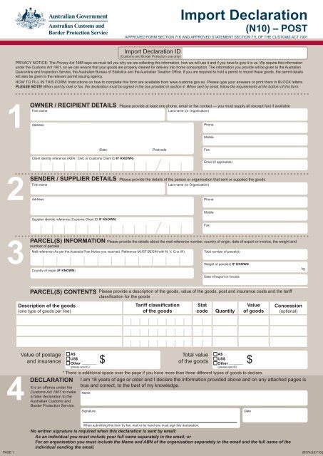 Import Declaration (N10) – Post - Australian Customs Service