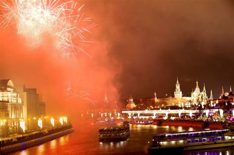 MOSCOW, RUSSIA - JANUARY 01: Fireworks light up the night sky over the ...