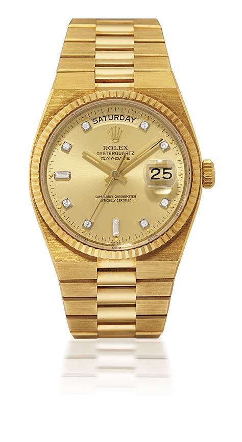 ROLEX, OYSTERQUARTZ DAY-DATE, REF. 19018 YELLOW GOLD QUARTZ WRISTWATCH WITH DAY, DATE, DIAMOND ...