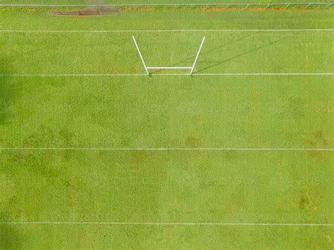 Image of Aerial view of NRL footy field and goal posts. - Austockphoto