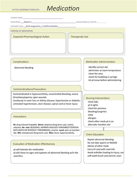 Heparin - ati medication sheet - STUDENT NAME ...