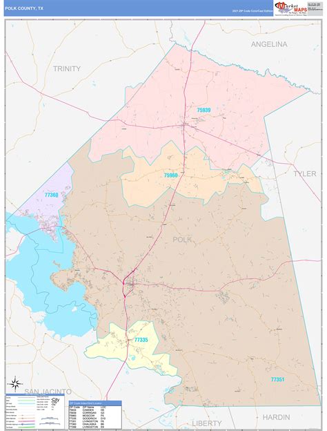 Polk County, TX Wall Map Color Cast Style by MarketMAPS