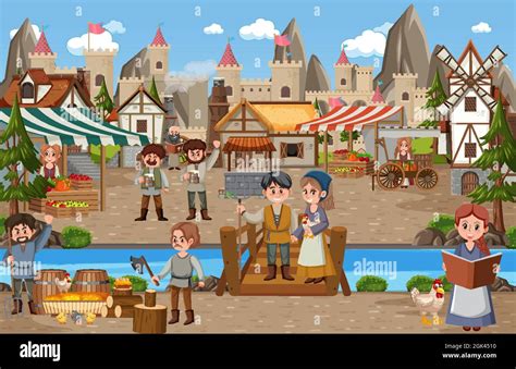 Medieval town scene with villagers at the market illustration Stock ...