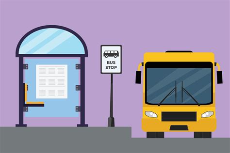 Character flat drawing bus stop with shelter, simple bus sign, information poster, bench and ...