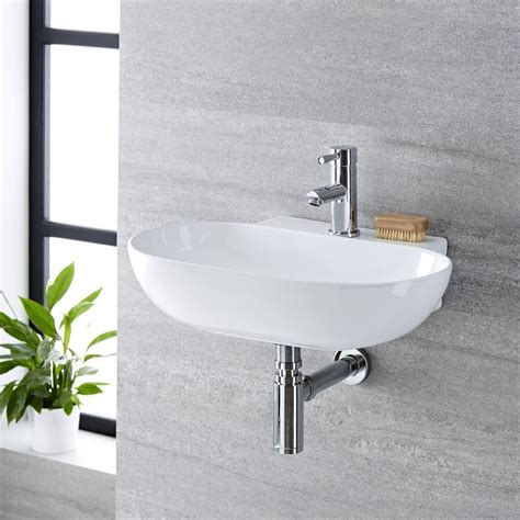 Milano Overton - White Modern Round Wall Hung Basin - 555mm x 395mm (1 Tap-Hole)