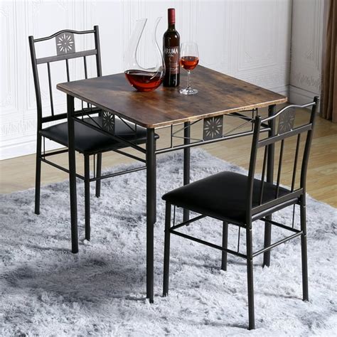 VECELO 3-Piece Wood & Metal Dining Table Set Dining Room Kitchen Square Table with 2 Pu Cushion ...