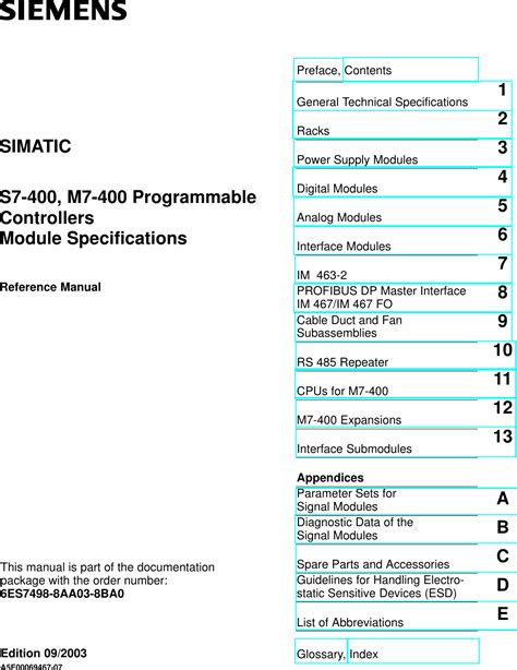 Siemens Simatic M7 400 Users Manual S7 400, Programmable Controllers Module Specifications