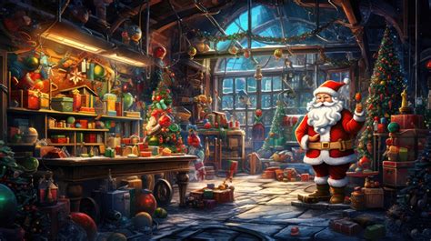 Santa Clauses are gathered in a whimsical workshop setting filled with ...