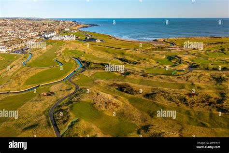 Aerial view from drone of Carnoustie Golf Links golf course in Carnoustie, Angus, Scotland, UK ...