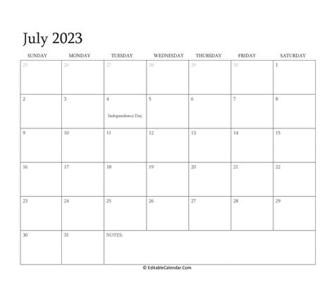 July 2023 Editable Calendar with Holidays