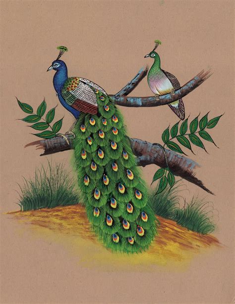 Indian Peacock Painting Handmade Watercolor Miniature Nature Bird Wild Life Art