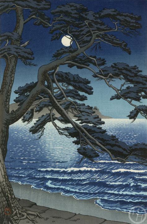 Japanese Art Print "Moon at Enoshima Beach" by Kawase Hasui, woodblock print reproduction, asian ...