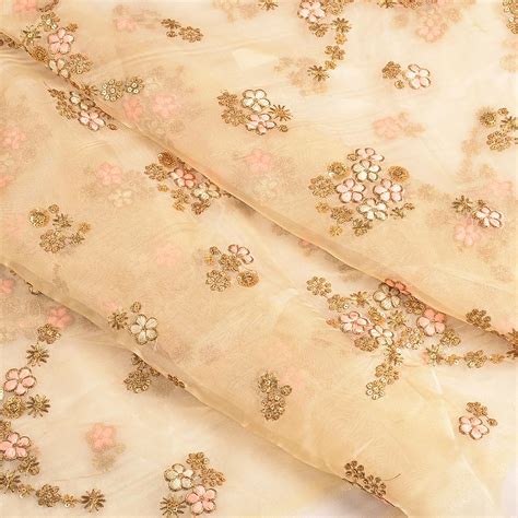 Cream and Golden Flower Embroidery Organza Fabric-51163 | Runfab