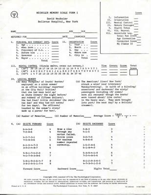 Wechsler Memory Scale (Form I &II) ; Wechsler, D.; 1973 | eHive