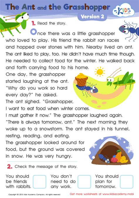 The Ant and The Grasshopper Version 2 Worksheet for kids