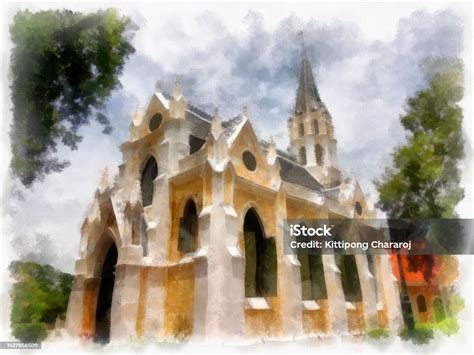 Landscape Of Ancient Church Gothic Architecture Watercolor Style ...