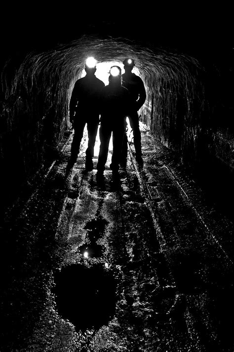 silhouette, three, person, cave, headlamp, silhouettes, coal mine, entrance, head lamps ...