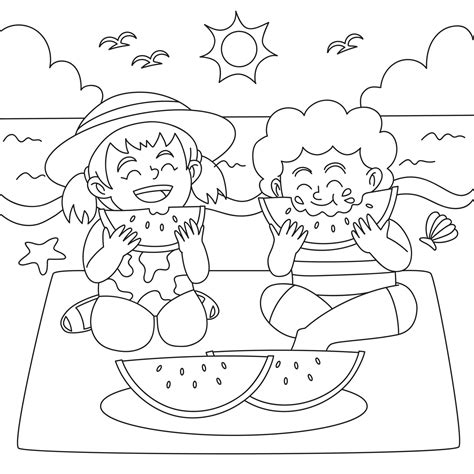 Kids eating watermelons coloring page vector illustration 24272820 Vector Art at Vecteezy