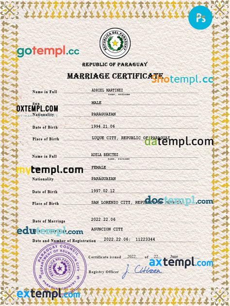 Paraguay marriage certificate PSD template, completely editable | gotempl