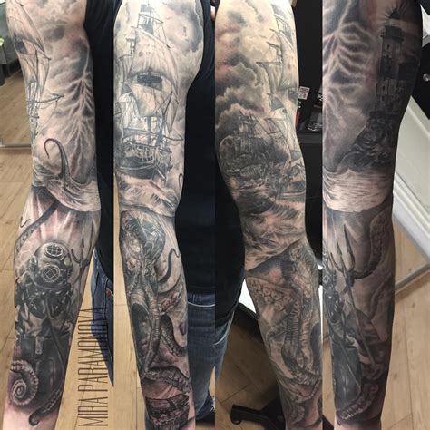 Finished Nautical sleeve done by Mira at Fat Fugu, Northampton (UK) Sea Tattoo Sleeve, Ship ...