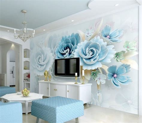 European Style 3D Look Blue Green Floral Wallpaper Mural | Green floral wallpaper, Bedroom ...