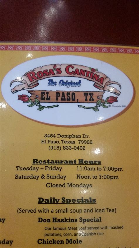 Menu at Rosa's Cantina pub & bar, El Paso